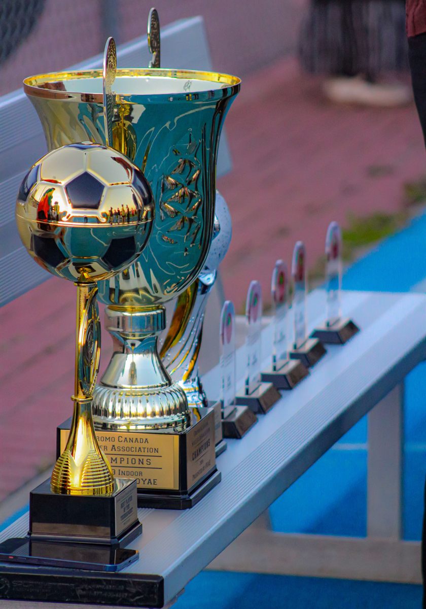 Rangée de trophées alignés sur un banc de stade : au premier plan une coupe dorée surmontée d’un ballon de soccer, derrière une grande coupe de champions