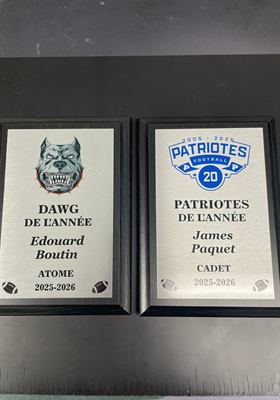 Deux plaques noires à panneau d’aluminium gravées de titres de fin de saison de football