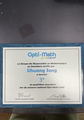 Plaque à cadre de marbre bleu et panneau argenté, certificat d’un concours national de mathématiques