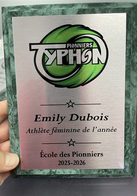 Plaque à cadre de marbre vert et panneau d’aluminium brossé, gravée du logo d’une équipe scolaire et d’un titre d’athlète de l’année