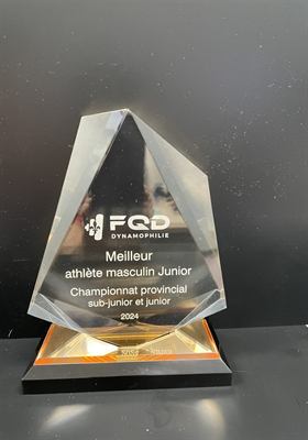 Trophée de cristal triangulaire à base dorée et socle noir, gravé d’un titre de championnat provincial