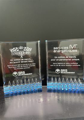 Deux trophées de cristal à base bleue dentelée, gravés du logo d’une entreprise