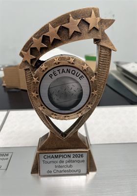 Trophée de résine bronze en forme d’étoile filante, avec insert de pétanque et socle gravé
